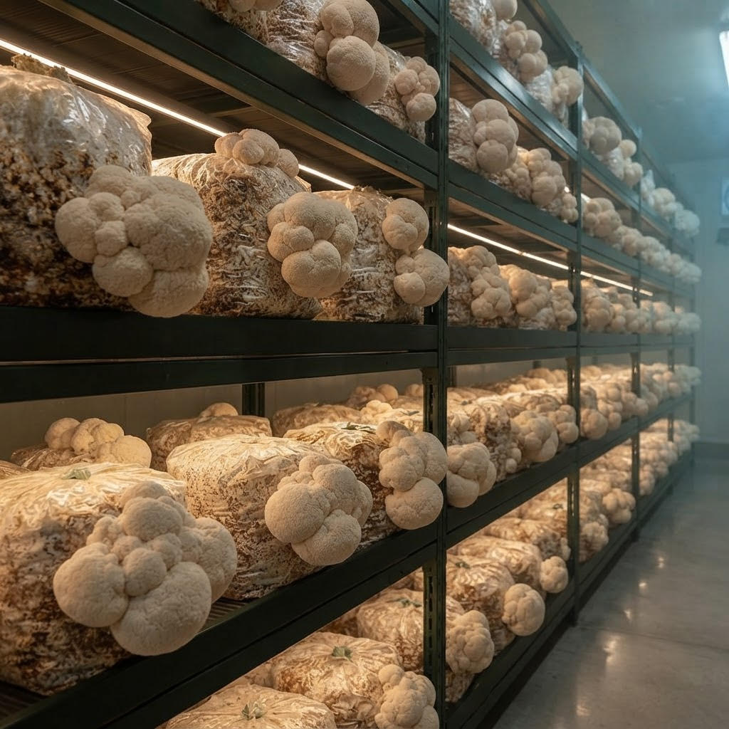 Controlled Lion’s Mane cultivation grow room